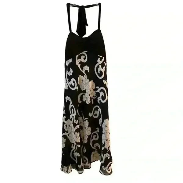 White House Black Market Women's Halter Neck Floral Dress Size 8 Black‎ - Image 3