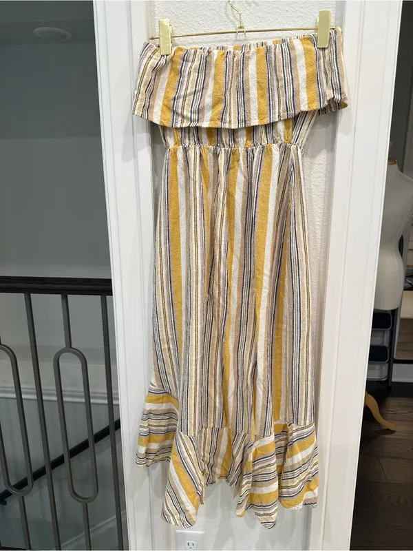 The Vanity Room Strapless Stripe High Low Midi Dress Size Medium Boho Ruffle Hem - Image 3