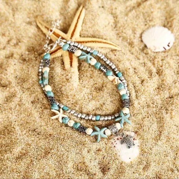 Beachy Starfish and‎ Turtle Charm Anklet Blue - Image 4
