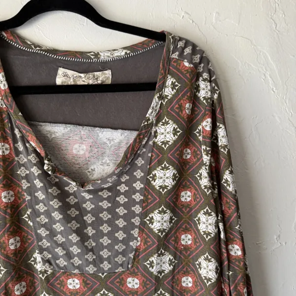 Aventura Shirt Womens XL Multicolor‎ Boho Rayon Peasant Geometric Print Top - Image 2