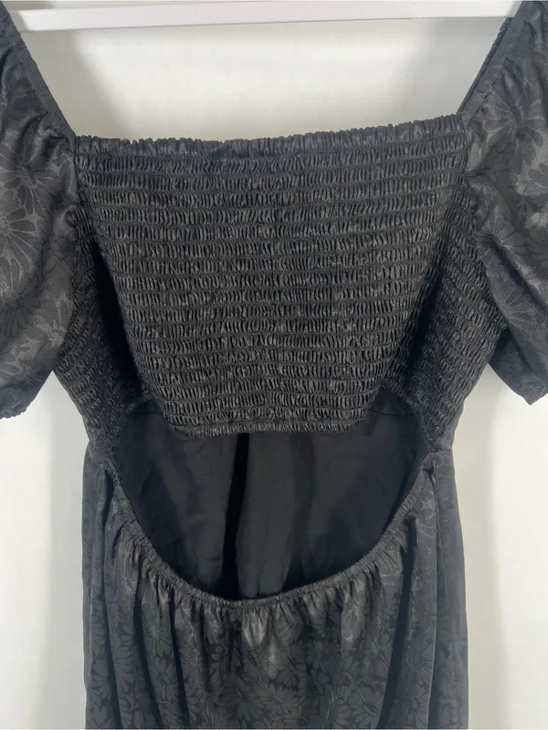 Title: Altar’d State Black Satin Floral Puff Sleeve Open Back Mini Dress M - Image 6