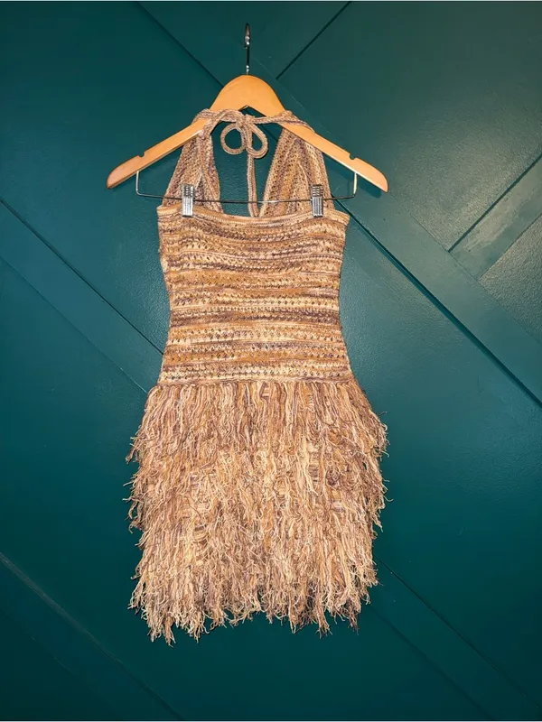 Women's Vintage Inspired Maillard Color Tassel Hem V-Neck Halter Mini Dress - Image 3