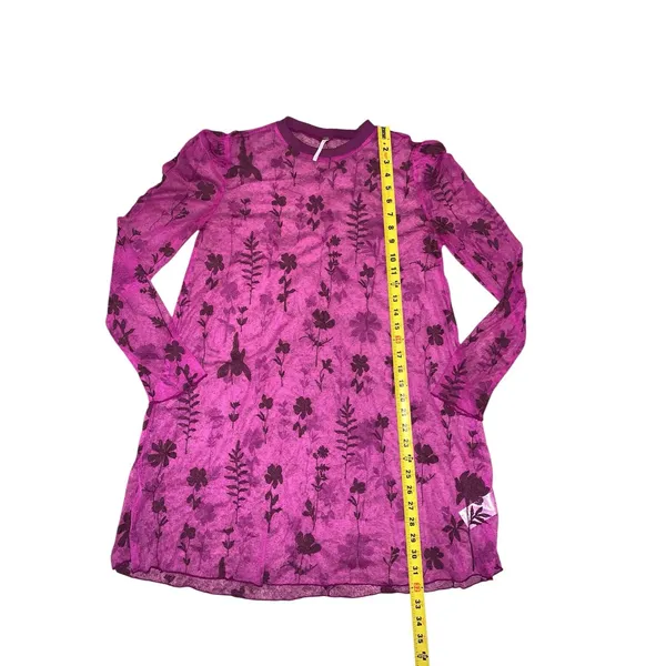 Free People XS Sheer Mesh‎ Floral Mini Dress Magenta Pink Long Sleeve Tunic - Image 6