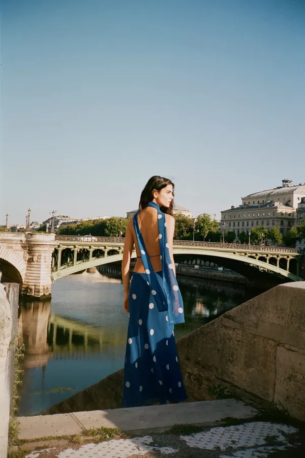 Zara Blue Polka Dot Halter Dress scarf open back maxi long evening party wedding - Image 11