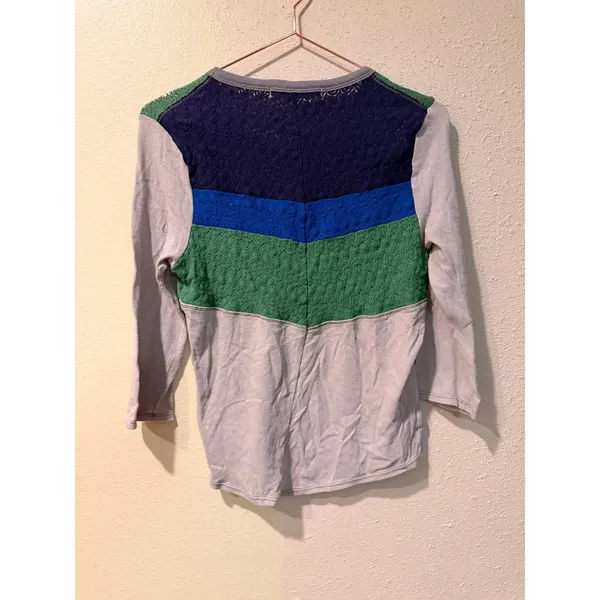We The Free Women Top M Grey Blue Green Crochet Lace 3/4 Sleeve Boho Raglan - Image 8