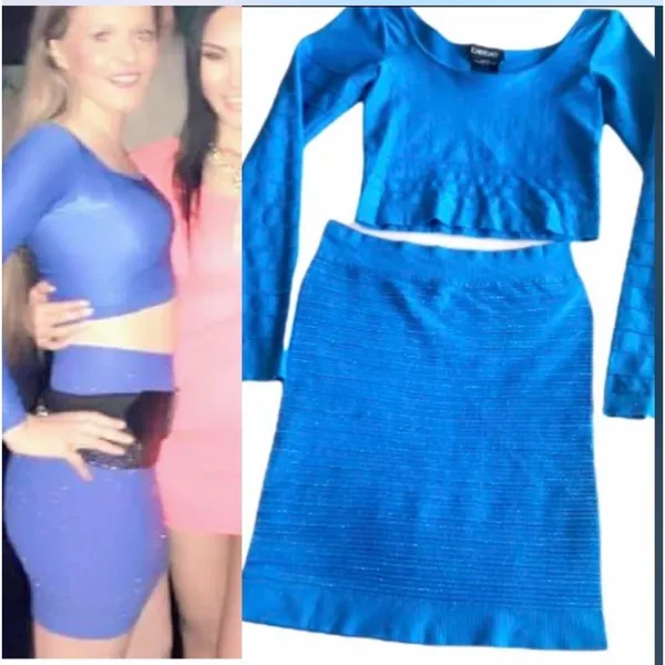 90’s vintage 2 piece Bebe’s blue bandage skirt crop top (photo-2016) - Image 2