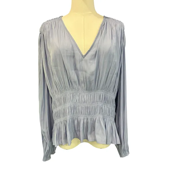 Universal Thread Boho Peasant Top XL Blue Long Sleeve Smocked Peplum V-Neck - Image 2