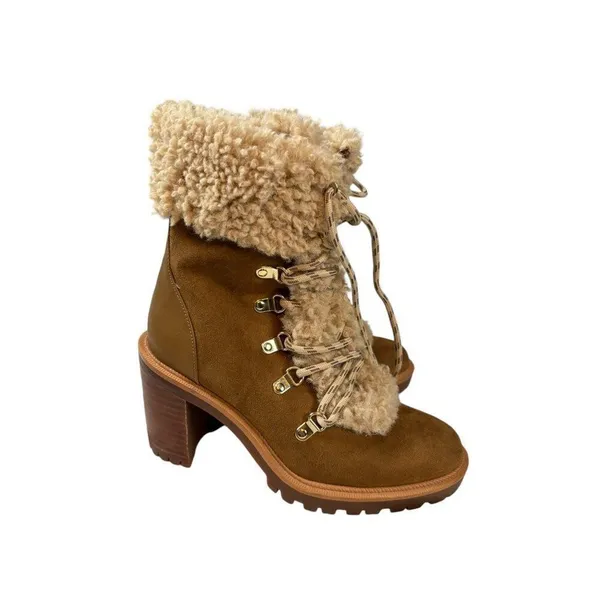 JLO Jennifer Lopez Brown Shearling-Lined Lace-Up Boots With Block Heel - Image 5