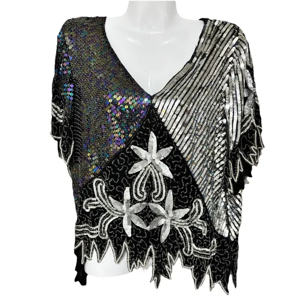 Vtg Scala Beaded Sequin Top Black Silver Embellished Blouse Size Large - Image 3