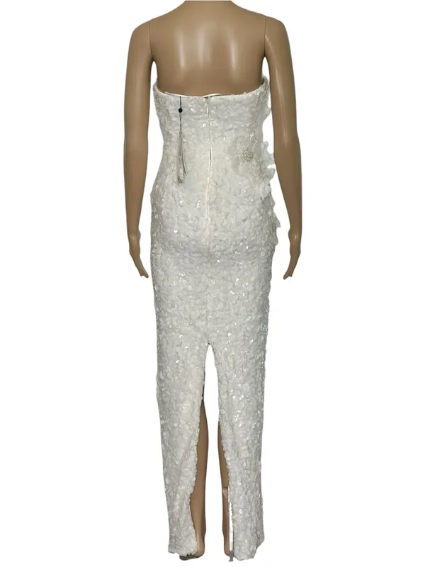 DRESS THE POPULATION Izza 3D Floral Sequined Gown, White, XXS - Image 5