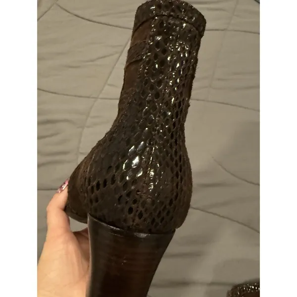 Italian Brown Suede & Snake Embossed Leather Ankle Bootie Women’s Size 7 - Image 9