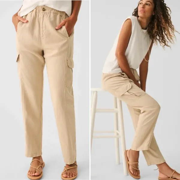 Faherty Arlie Day Cargo Linen Blend Pants in Safari Khaki Tan - Sz S 💚🎀 - Image 2