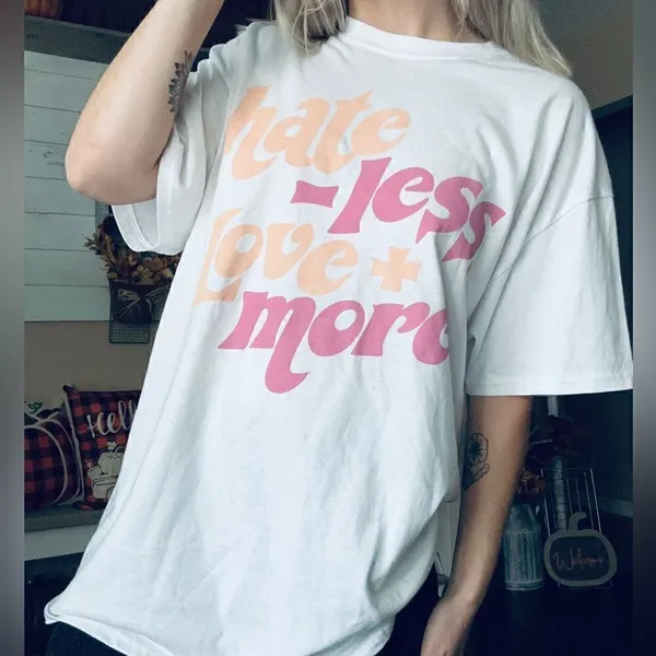 Love Tribe Hate Less & Love More Retro Bohemian Oversized T Shirt - Image 2