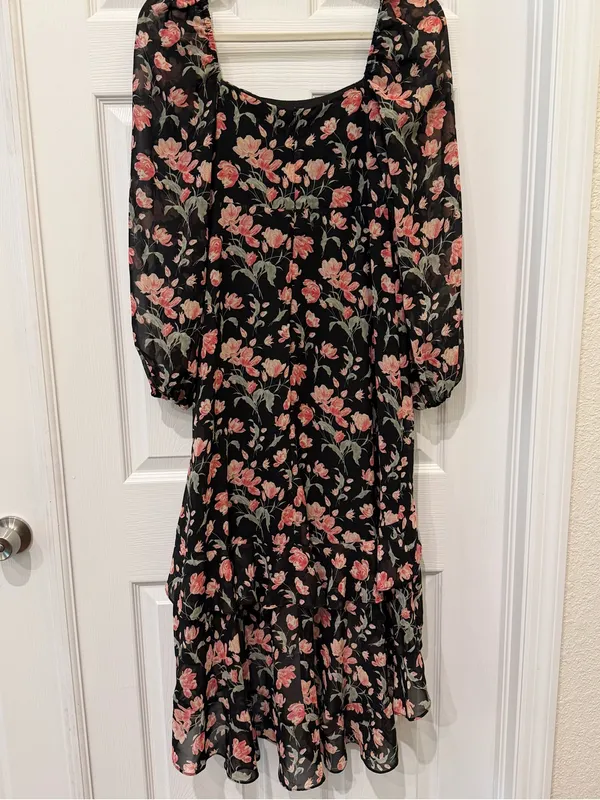 Lush XS Black Floral High Low Ruffle Dress Square Neck Puff Sleeve - Image 2