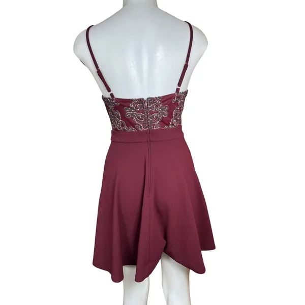 Speechless Burgundy Glitter Lace Fit & Flare Party Dress Size 5 High Neck - Image 12