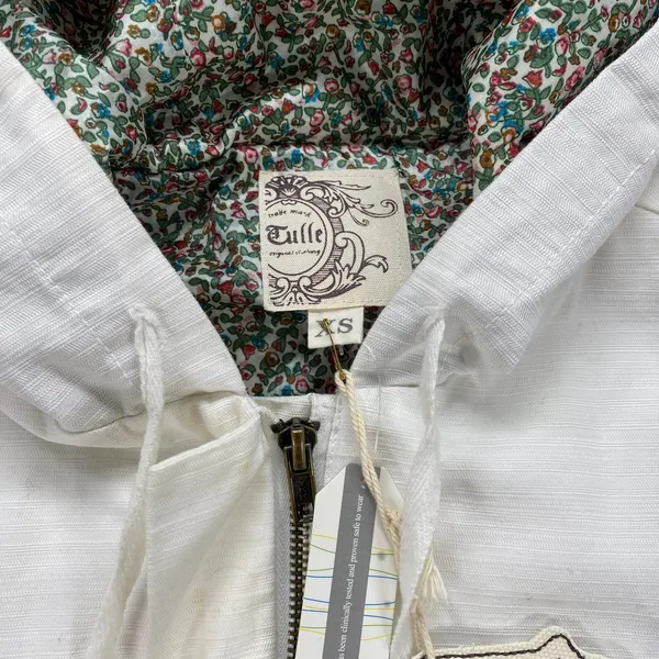 Tulle Hooded Trench Coat Floral Lined‎ Lightweight Jacket White XS - Image 4