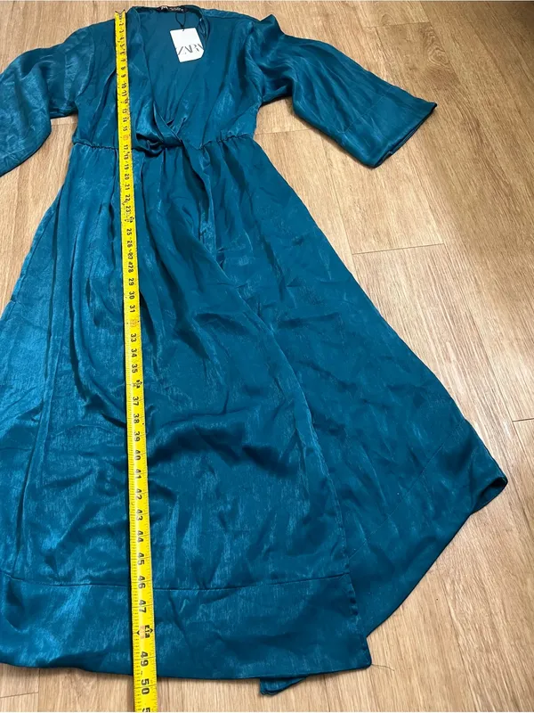 Zaraw Teal Satin-Feel Wrap Midi Dress with Leg Slit - Image 6