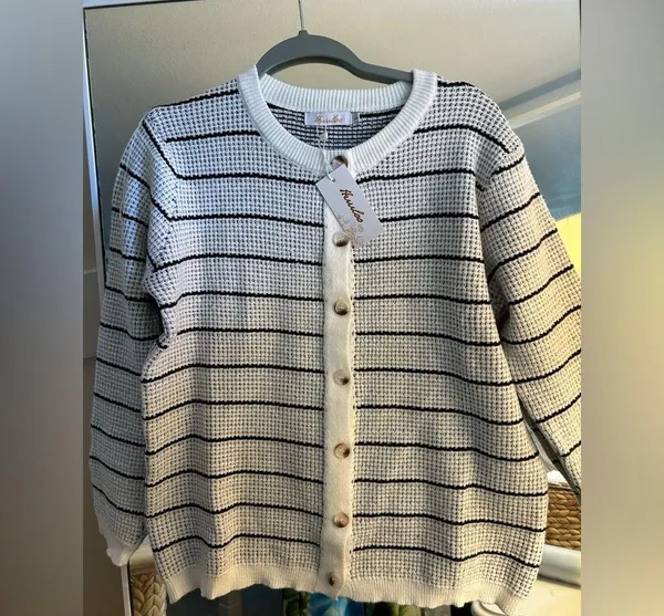 NEW Cream Striped Button Down Cardigan Sweater Long Sleeve L - Image 4