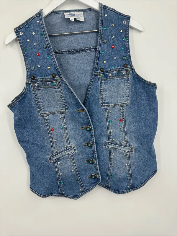 American Vintage Vintage Y2K Studded Embellished Denim Jacket Vest Size Medium Boho Whimsical - Image 11