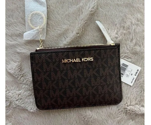 Michael Kors Jet Set Small Brown Coin Pouch W/ ID Window Monogram Leather Wallet - Image 6