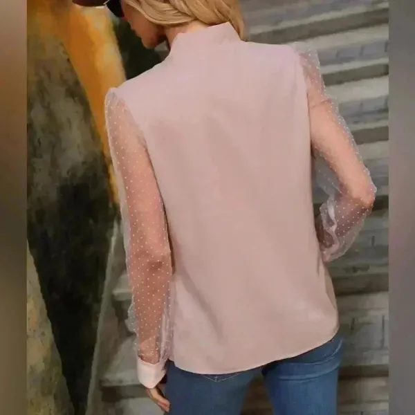 SHEIN Elegant Blush Pink Bow Blouse‎ with Mesh Dot Sleeves - Romantic Top A68 - Image 6