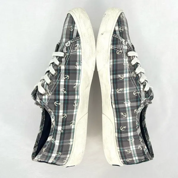 Sperry Pier View Anchor Plaid Gray Blue White Canvas Laced Slip On Sneakers 7.5 - Image 5