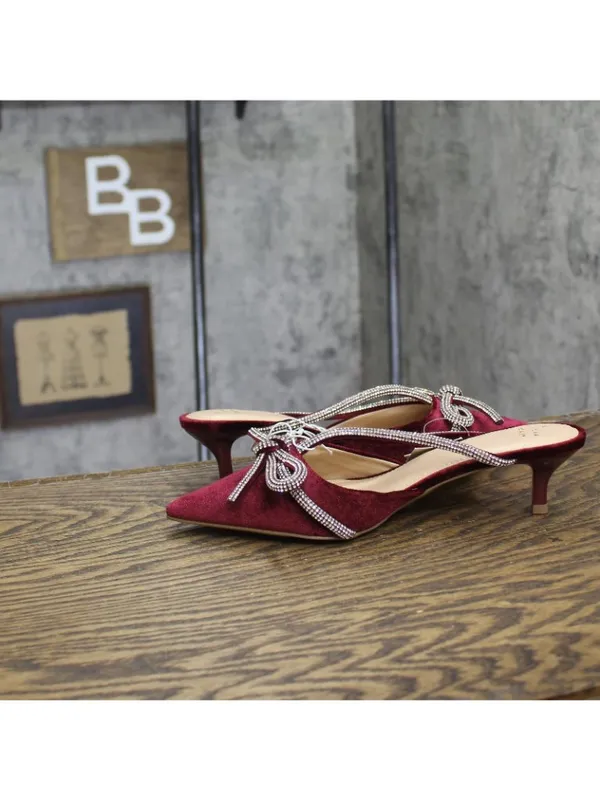 A New Day Rhinestone Bow Velvet Heels 94656737 Burgundy Red 7M - Image 7