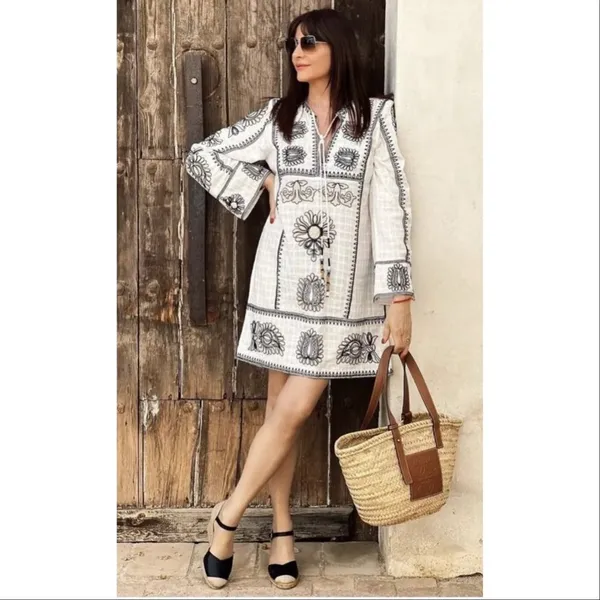 Zara Boho Embroidered Textured Cotton Tunic Shift Mini Dress White Tan Black XS‎ - Image 6