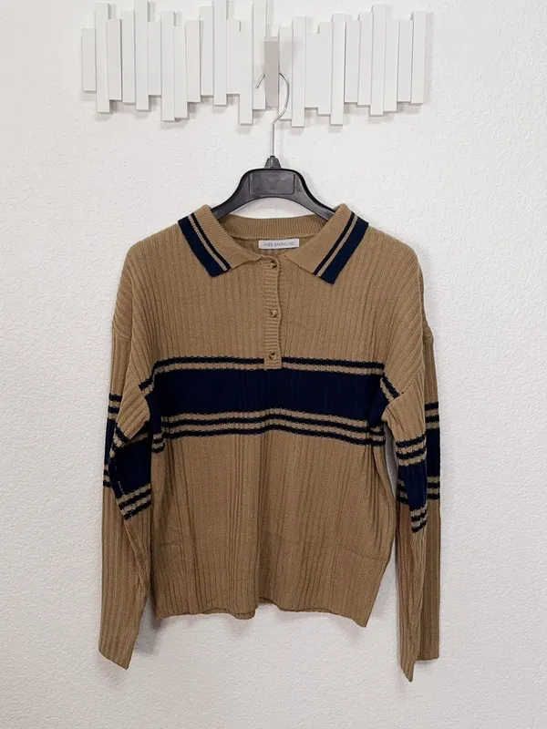 Miss Sparkling Camel Navy Striped Polo Collar Knit Sweater - Image 2
