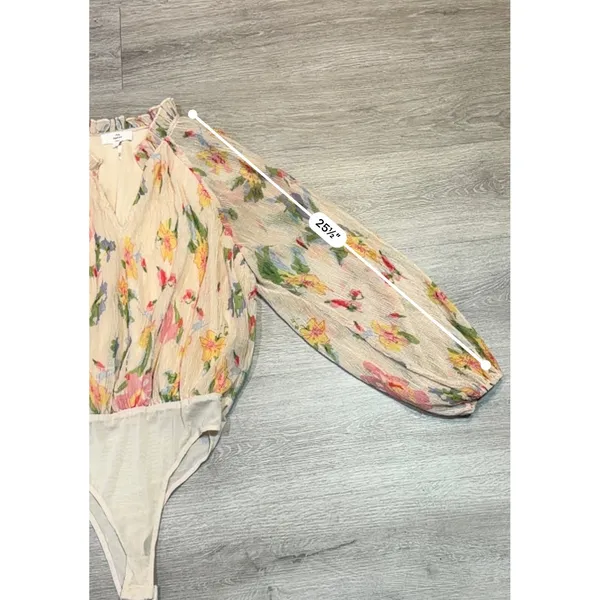 Entro Floral Chiffon Bodysuit Small Ruffle Neck Balloon Sleeve Cottagecore - Image 5