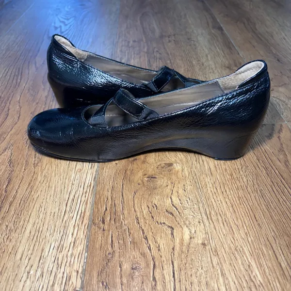 Josef Seibel Black Patent Leather Crisscross Mary Jane Wedge Shoes US 7.5 /EU 38 - Image 8