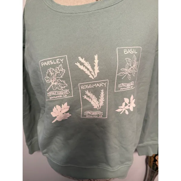Pact Organic Cotton Herb Seed‎ Packet Graphic Sweatshirt Sage Green Womens L - Image 4