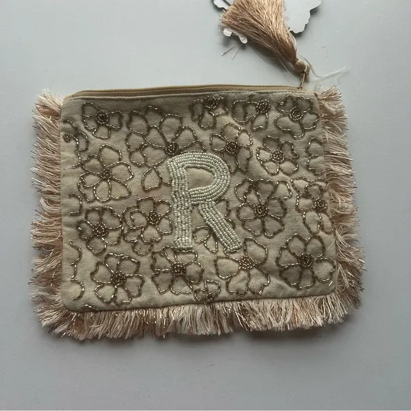 Elegant Floral Beige Clutch with Fringe Anthropologie - Image 2