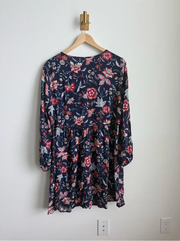 Old Navy Navy Floral Peasant Dress Women's Large Boho Keyhole Rayon Mini - Image 7