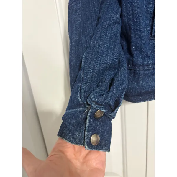 Denim Jacket Puff Sleeve Dark Wash Blue Smocked Back Mock‎ Neck Vintage Style - Image 3