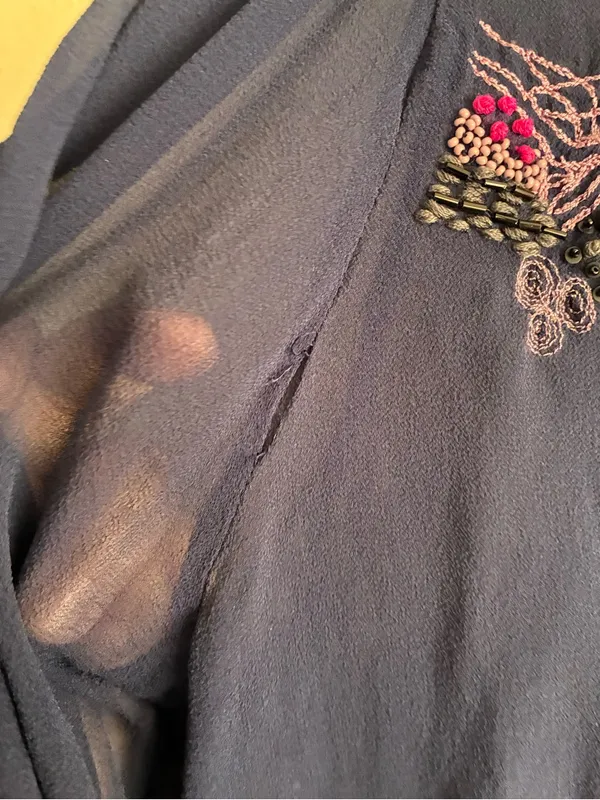 Anthropologie Saivana Silk Beaded Sheer Embroidered V-Neck Peasant Navy Blouse M - Image 12