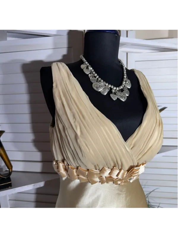 Vintage 90s prom dress golden satin open back mermaid formal homecoming fairy S - Image 9
