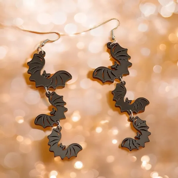 Cute 3 Black Bat Design Long Dangle‎ Earrings Cute Party Style Acrylic Halloween - Image 7