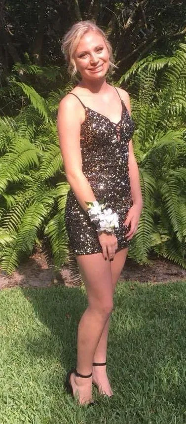 Gold and Black Sequin Homecoming Dress - Image 2