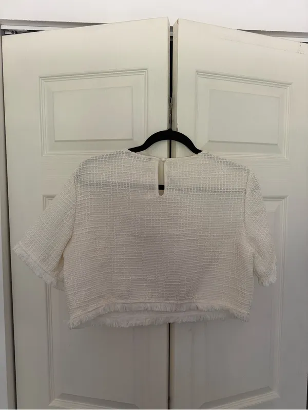 SHEIN White Tweed Skirt Set Frayed Hem Button Detail Preppy Girly Set Medium - Image 4