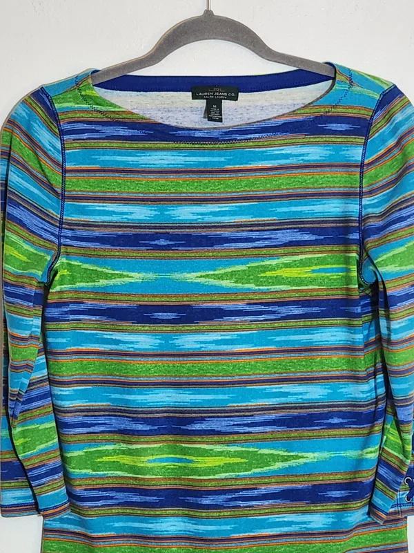 Lauren Ralph Lauren Blue and Green Southwestern Stripe Boat Neck Tee Size Medium - Image 2