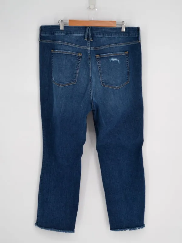 Good American Good Straight Jeans Womens 18 Blue Distressed Knee Raw Hem Med Was - Image 2