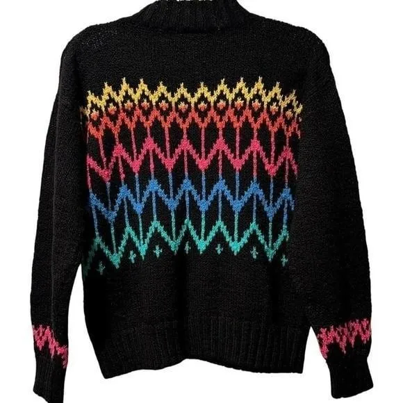 DEB Vintage 90s Retro Neon Fair Isle Mock‎ Neck Sweater Black Knit - Image 2