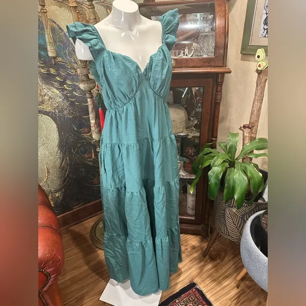 Davi & Dani Boho Minimalist Tiered Maxi Dress Teal Blue Flutter Sleeve Large - Image 5