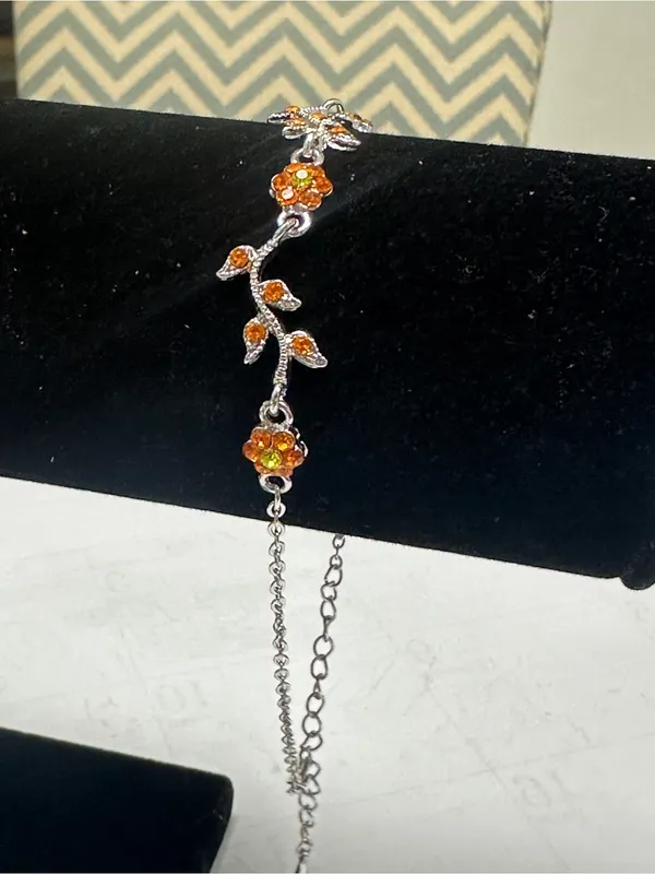 Silver Floral Bracelet with Bright Orange Crystal Accents - Image 3