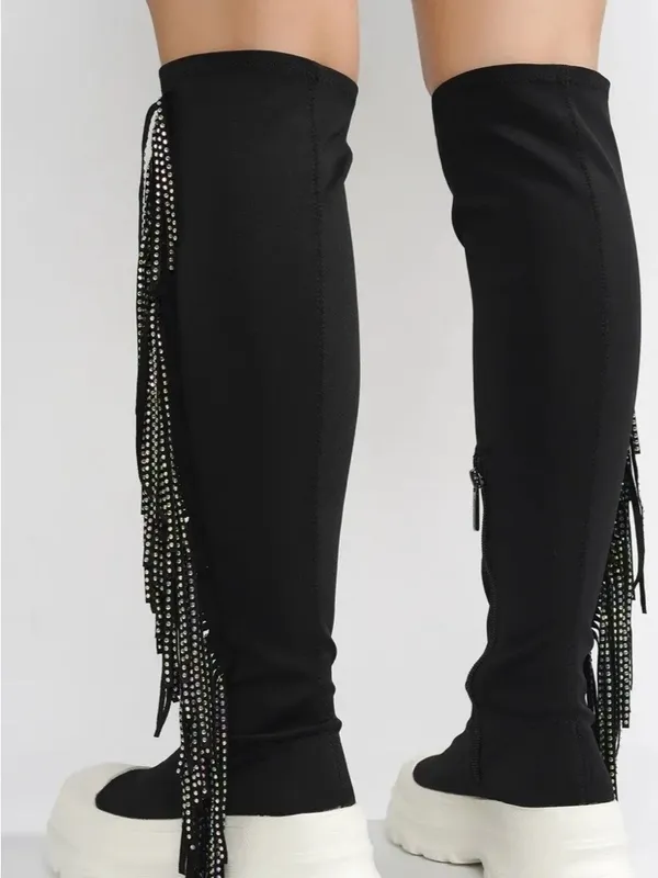 Cape Robbin ARETHA - BLACK THIGH HIGH BOOTS with Multicolor Beaded Fringe - Image 3