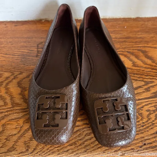 Tory Burch Georgia Brown Snake Embossed Leather Square Toe Ballet Flats 5M‎ EUC - Image 2