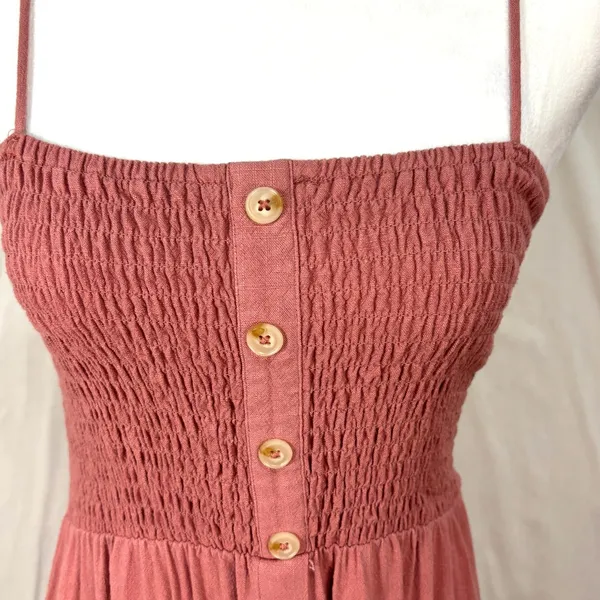 One Clothing Smocked Sundress Womens L Pink Button Up Linen‎ Blend Boho Cottage - Image 9