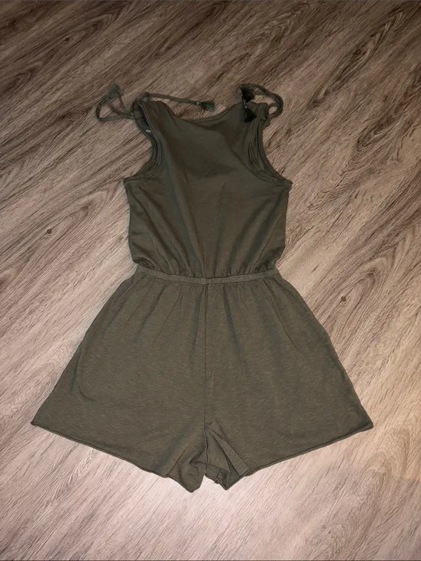 aerie Olive Green Sleeveless Tie-Shoulder One-Piece Romper - Image 4