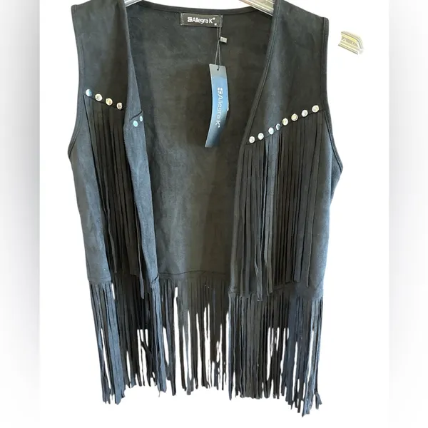 Allegra K Black Fringed Vest with Stud Accents - Image 2